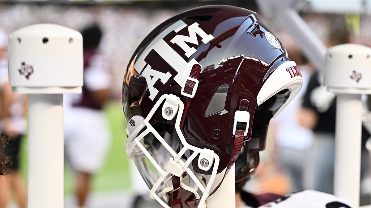A detail view of a Texas A&M Aggies helmet on the sideline during the game against the Bowling Green Falcons at Kyle Field.