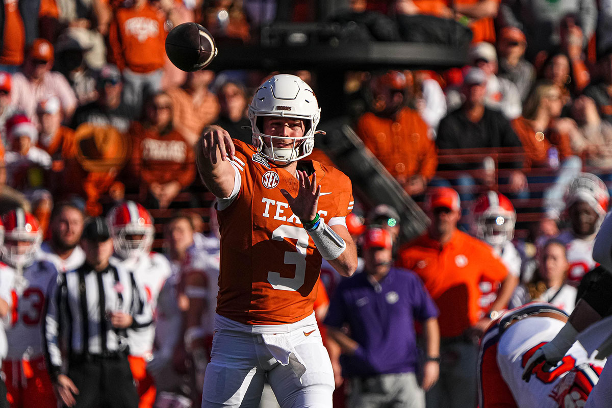 Texas Longhorns quarterback Quinn Ewers (3) throws a pass during the game against Clemson in the first round of the College Football Playoffs at Darrell K Royal-Texas Memorial Stadium on Saturday, Dec. 21, 2024.
