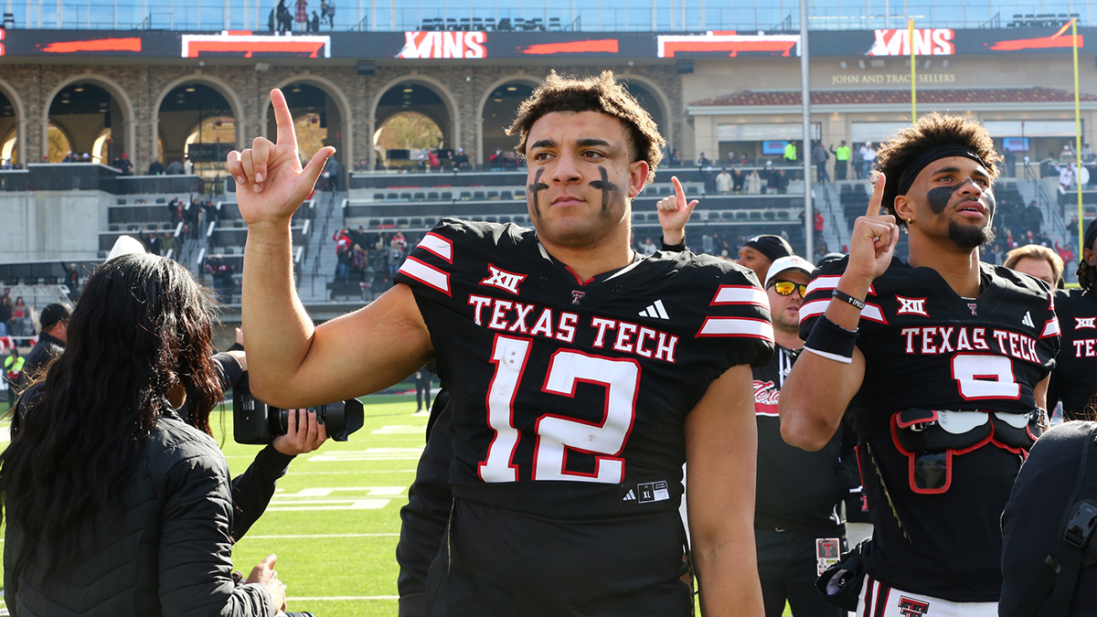 Texas Tech Red Raiders tight end Jalin Conyers (12) sings the school song after a game against the West Virginia Mountaineers at Jones AT&T Stadium and Cody Campbell Field.