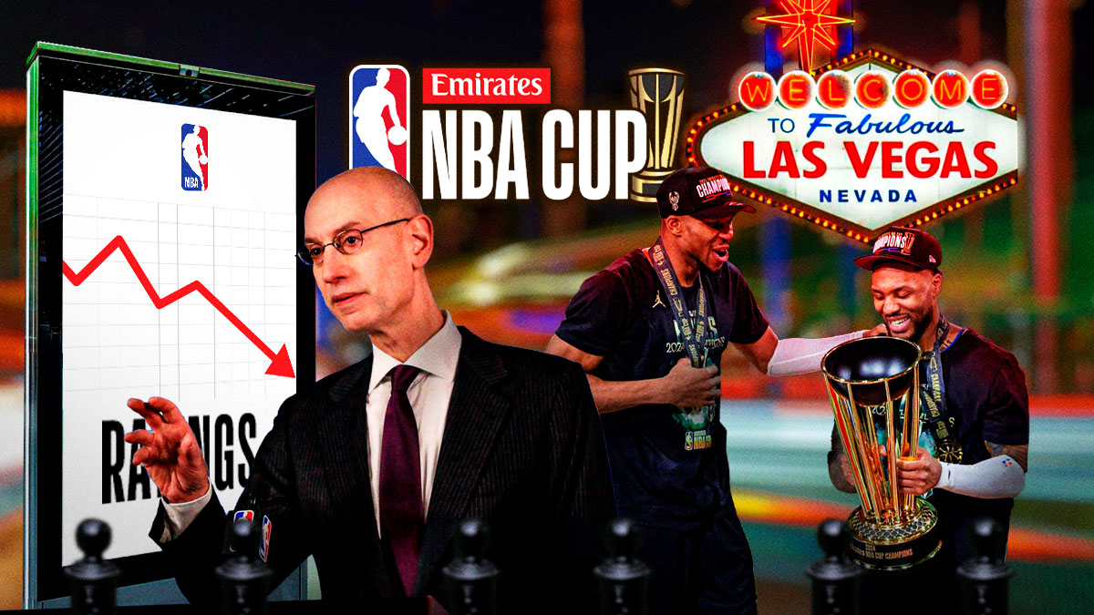 NBA Cup logo with Adam Silver, Las Vegas, and Bucks celebrating NBA Cup win