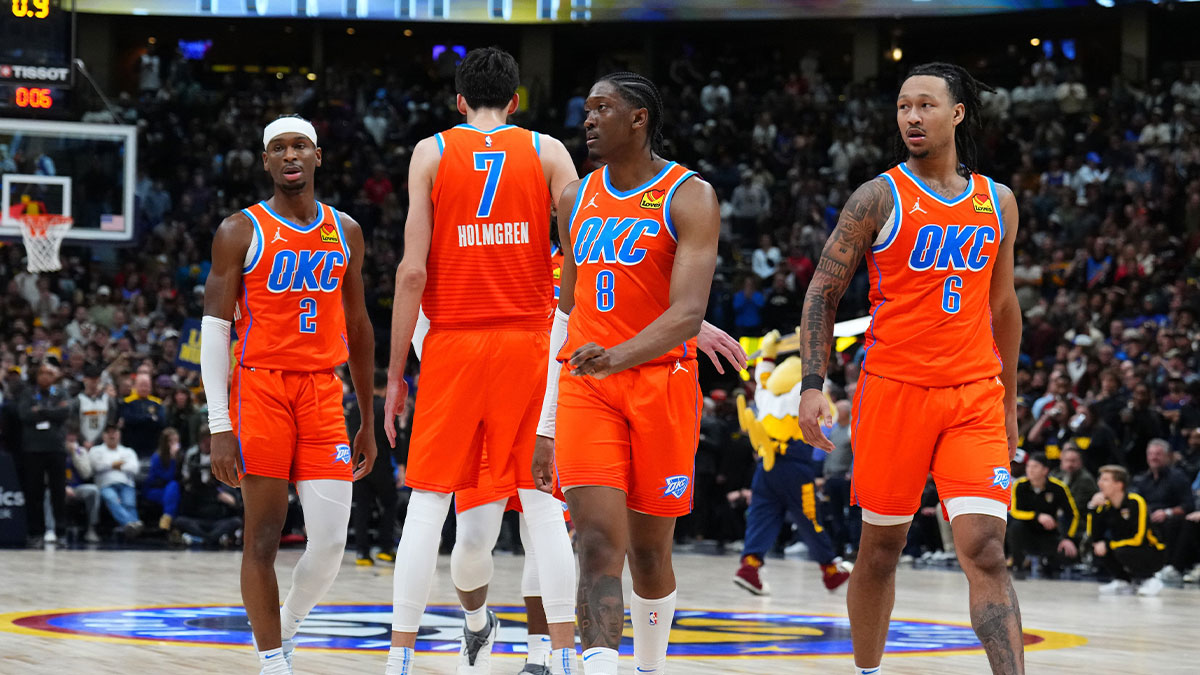 Oklahoma City Thunder guard Shai Gilgeous-Alexander (2) and forward Chet Holmgren (7) and forward Jalen Williams (8) and forward Jaylin Williams (6) break huddle in the fourth quarter against the Denver Nuggets at Ball Arena.