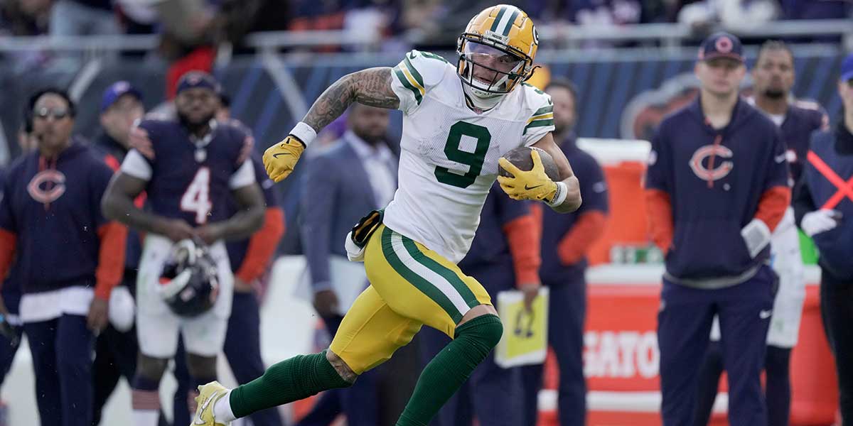 Green Bay Packers wide receiver Christian Watson (9) makes a 60-yard reception during the fourth quarter of their game Sunday, November 17, 2024 at Solider Field in Chicago, Illinois.