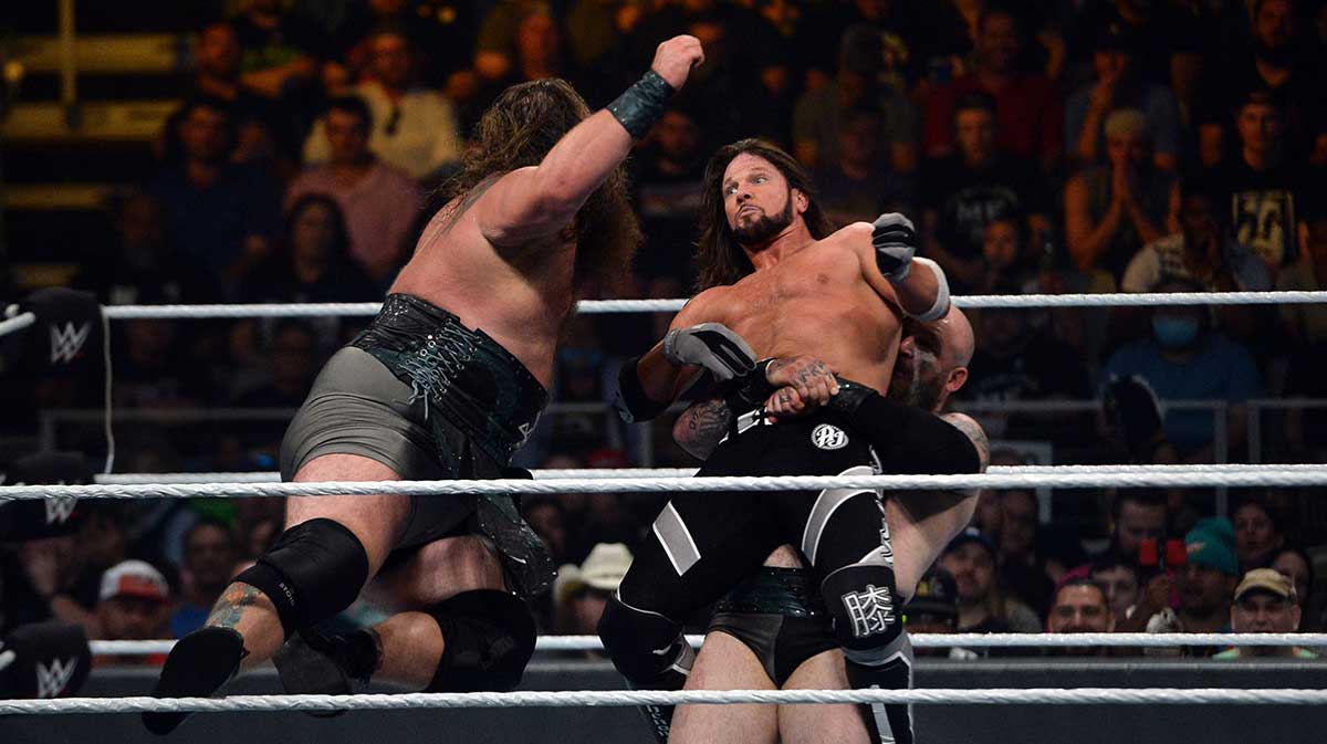 The Viking Raiders facing AJ Styles at Money in the Bank in 2021.
