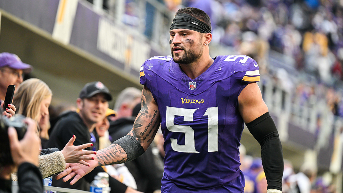 Minnesota Vikings linebacker Blake Cashman (51) reacts with the crowd after the game against the Arizona Cardinals at U.S. Bank Stadium.