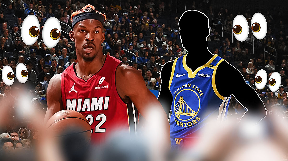 Jimmy Butler, and a mystery player with a Warriors jersey on with eye emojis surrounding the picture.