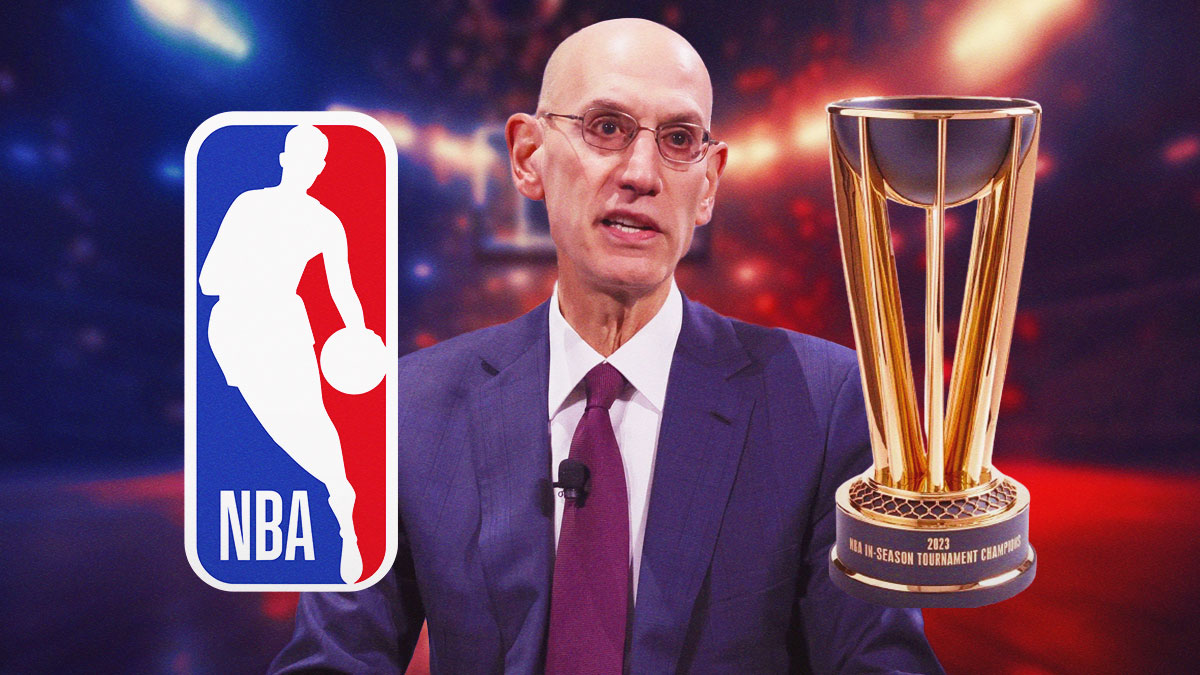 Adam Silver, NBA logo and NBA Cup trophy