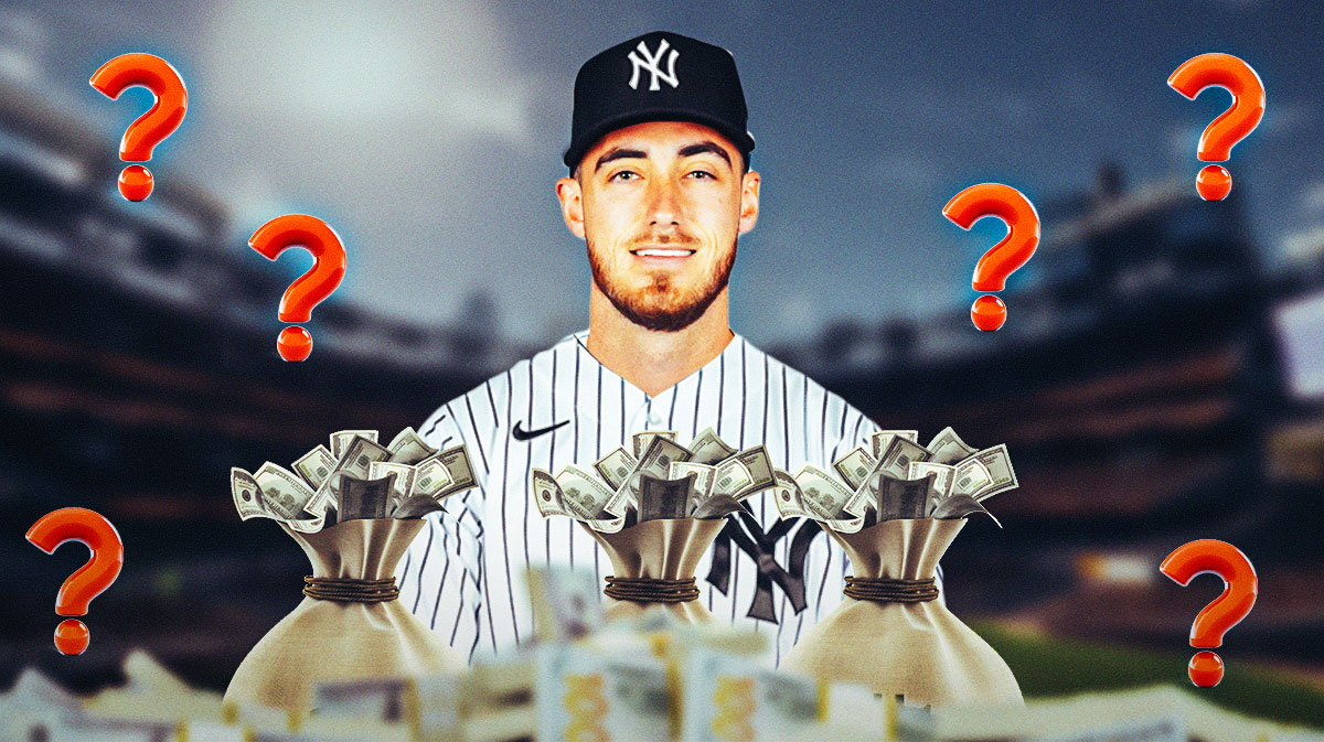 Cody Bellinger in a Yankees uniform with question marks around him, standing next to a bag of money