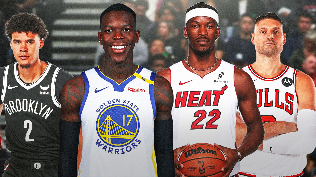 Dennis Schroder in a Warriors uniform, with Heat's Jimmy Butler, Nets' Cam Johnson, and Bulls' Nikola Vucevic beside Schroder