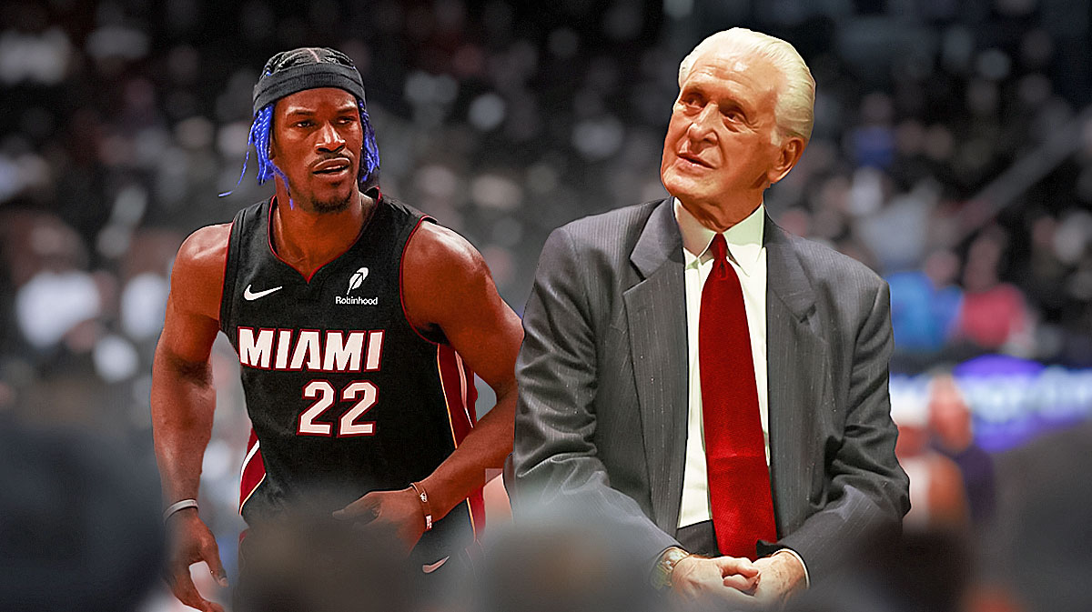 Miami Heat star Jimmy Butler and Pat Riley in front of Kaseya Center.
