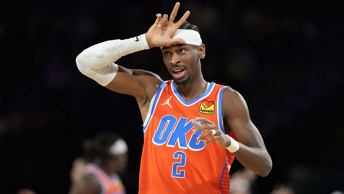 Thunder guard Shai Gilgeous-Alexander (2) reacts during the fourth quarter against the Houston Rockets in a semifinal of the 2024 Emirates NBA Cup at T-Mobile Arena
