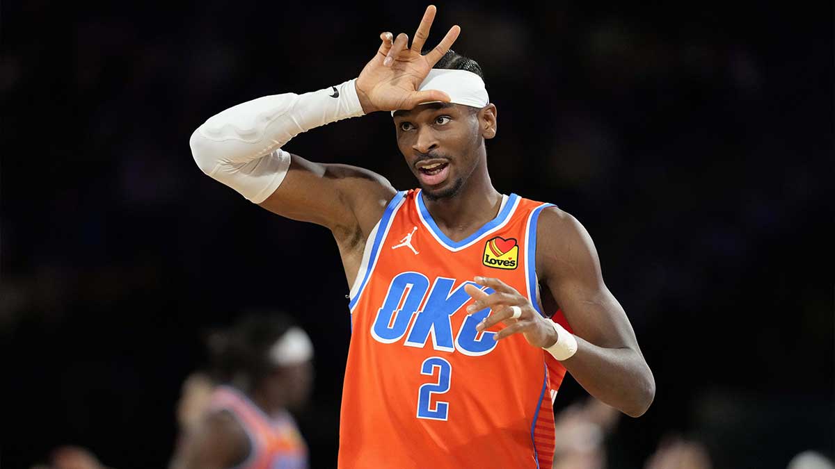 Thunder guard Shai Gilgeous-Alexander (2) reacts in the fourth quarter against the Houston Rockets in the semifinals of the 2024 Emirates NBA Cup at T-Mobile Arena