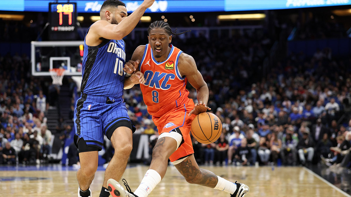 Thunder forward Jalen Williams (8) is guarded by Orlando Magic guard Cory Joseph (10) in the fourth quarter at Kia Center
