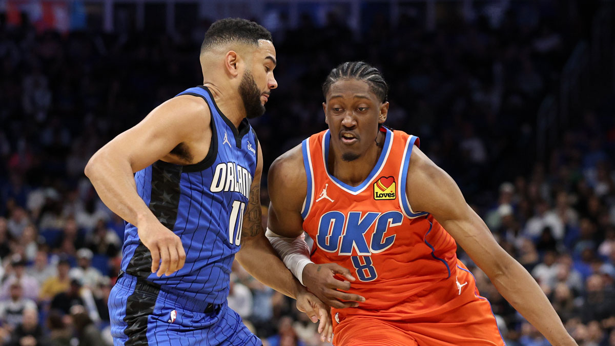 Thunder forward Jalen Williams (8) is guarded by Orlando Magic guard Cory Joseph (10) in the fourth quarter at Kia Center