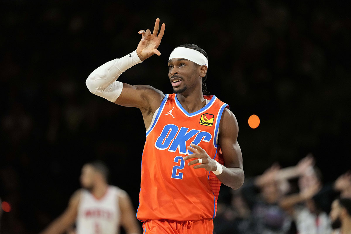 Oklahoma City Thunder guard Shai Gilgeous-Alexander (2) reacts during the fourth quarter against the Houston Rockets in a semifinal of the 2024 Emirates NBA Cup at T-Mobile Arena.