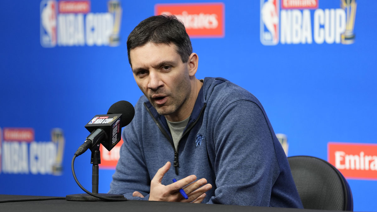 Thunder head coach Mark Daigneault addresses the media in a press conference during practice prior to the Emirates NBA Cup semi-finals at T-Mobile Arena