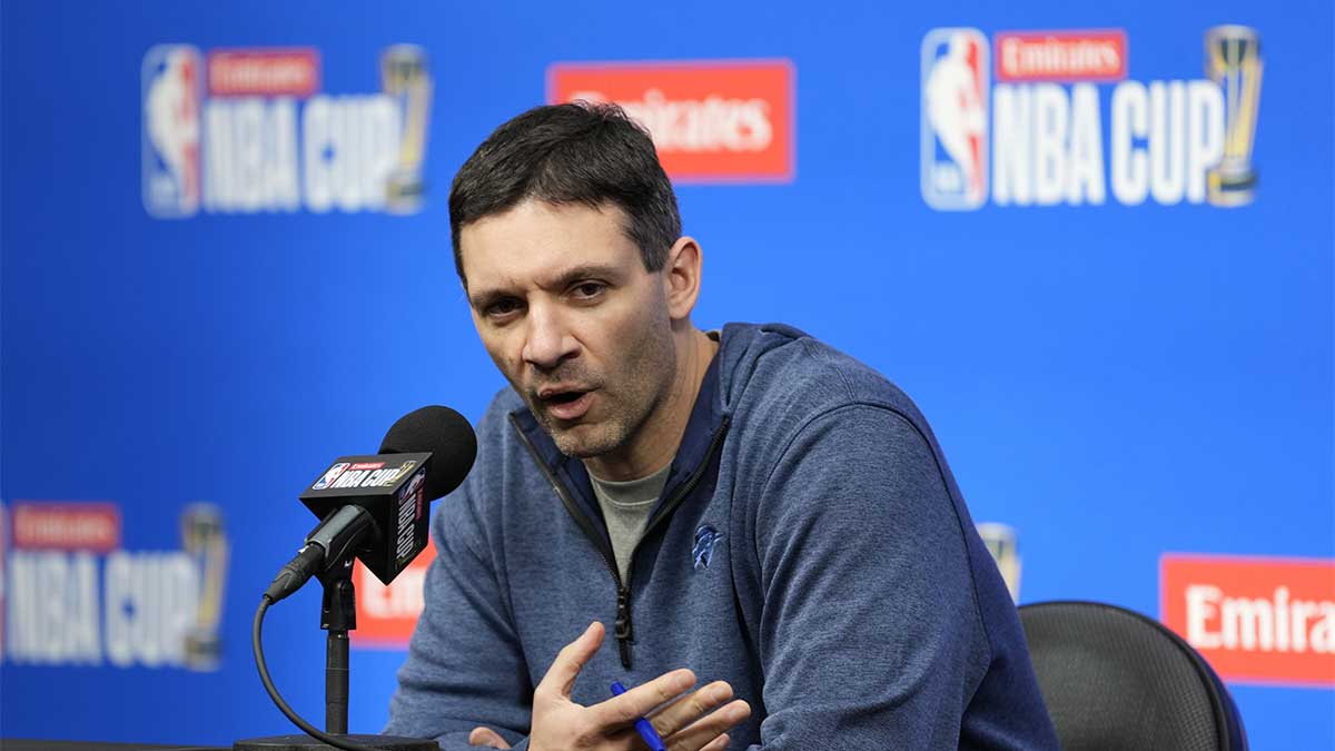 Thunder head coach Mark Daigneault addresses the media in a press conference during practice prior to the Emirates NBA Cup semi-finals at T-Mobile Arena