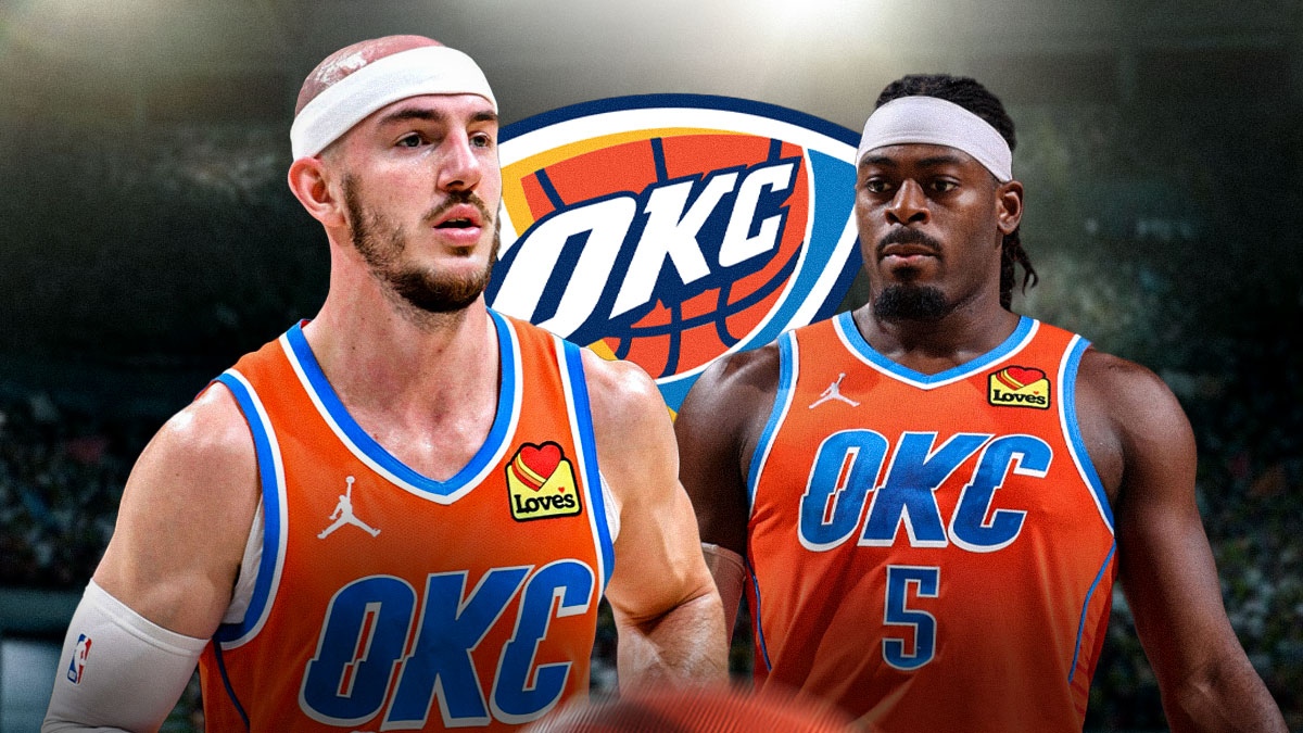 Thunder guard Alex Caruso next to Thunder guard Lu Dort with the Thunder logo in the background