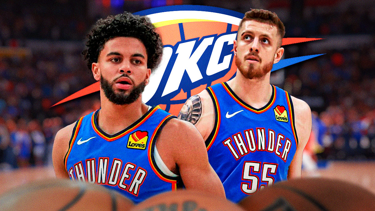 Thunder rookie Ajay Mitchell next to Thunder center Isaiah Hartenstein & the Thunder logo in the background