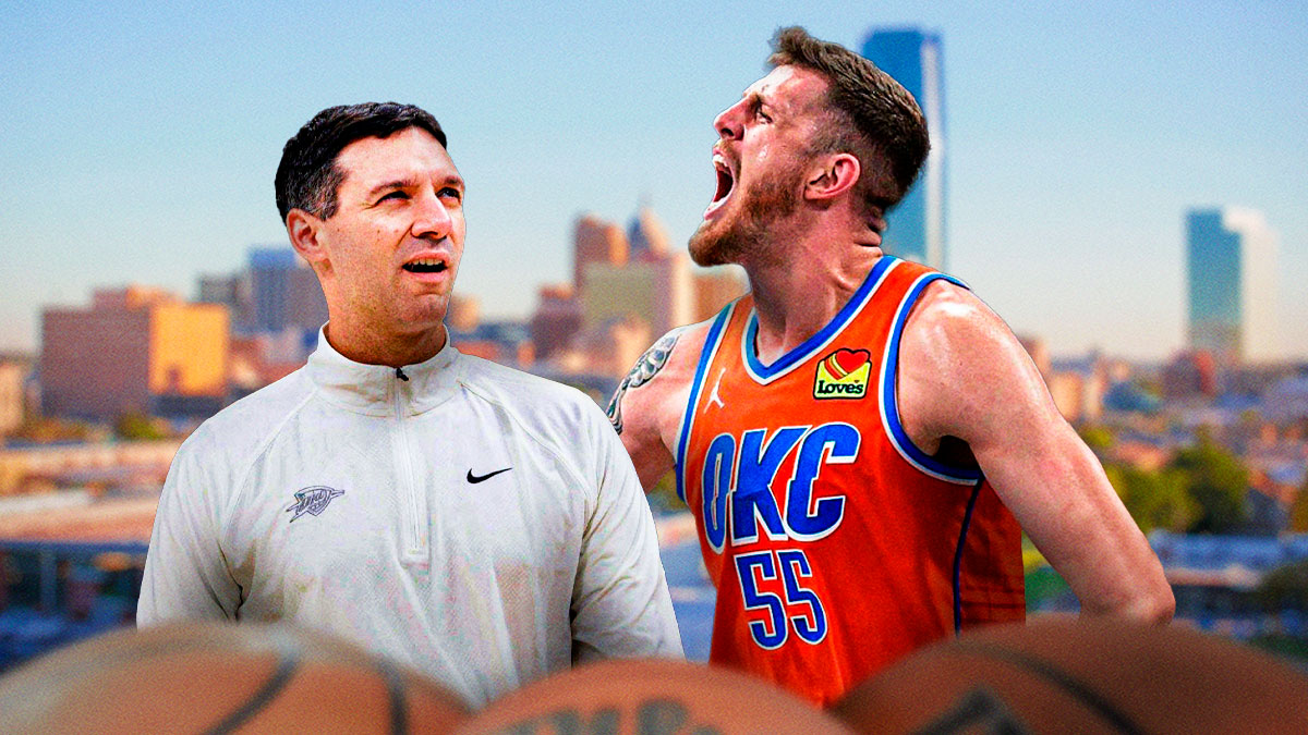 Thunder center Isaiah Hartenstein next to Thunder head coach Mark Daigneault with the Oklahoma City skyline in the background