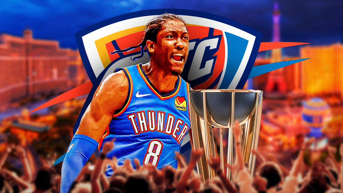 Thunder forward Jalen Williams next to the NBA Cup trophy (not the Larry O'Brien) with the Thunder logo and the Las Vegas skyline in the background