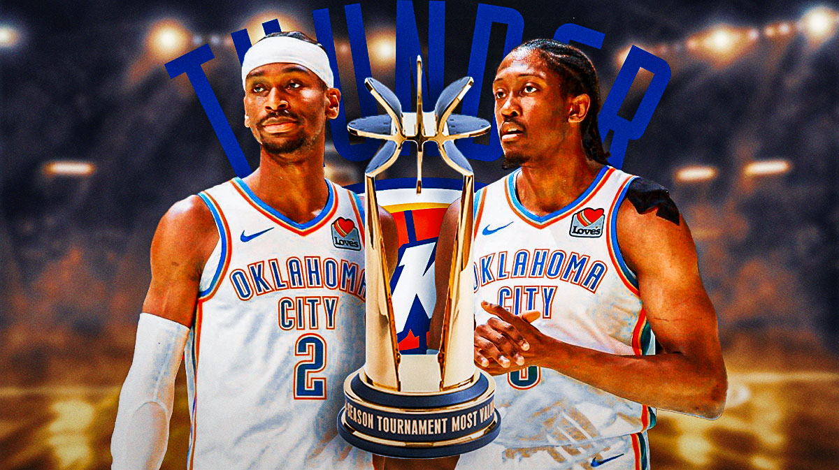 Thunder forward Jalen Williams next to Thunder guard Shai Gilgeous-Alexander with the NBA Cup (not the Larry O'Brien) next to them & the Thunder logo in the background