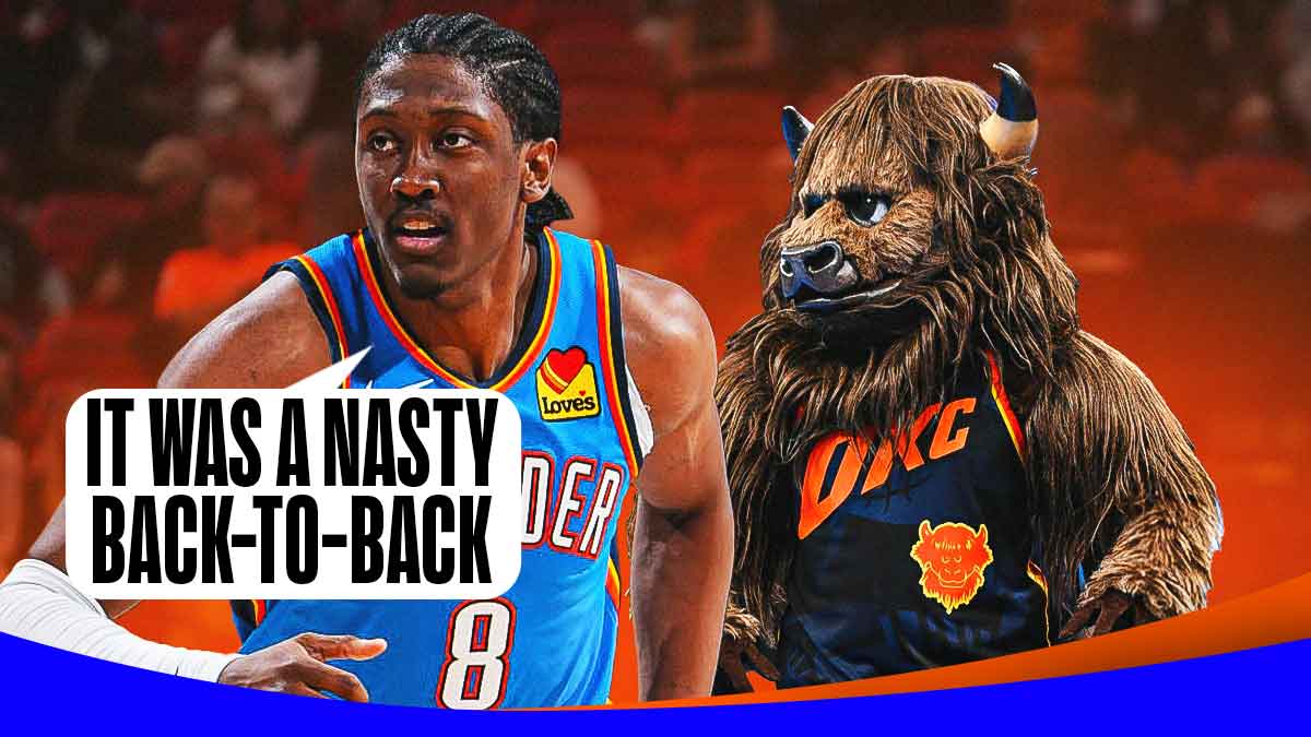 Jalen Williams with a text bubble reading "It was a nasty back-to-back" next to the Thunder's mascot with the Heats' basketball court as the background.