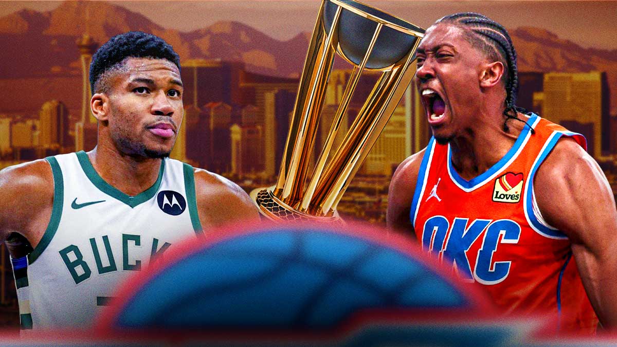 Thunder forward Jalen Williams staring down Bucks superstar Giannis Antetokounmpo with the NBA Cup trophy (not the Larry O'Brien) in between them and the Las Vegas skyline in the background
