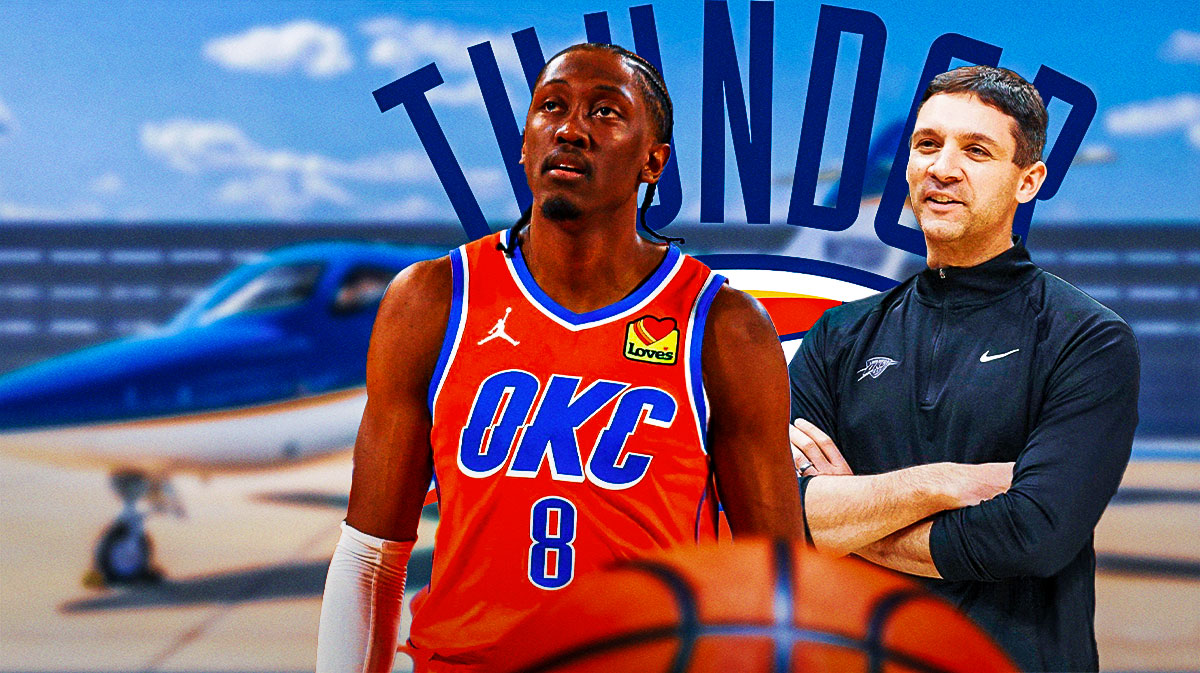 Thunder forward Jalen Williams next to Thunder head coach Mark Daigneault & the Thunder logo with an OKC charter plane in the background