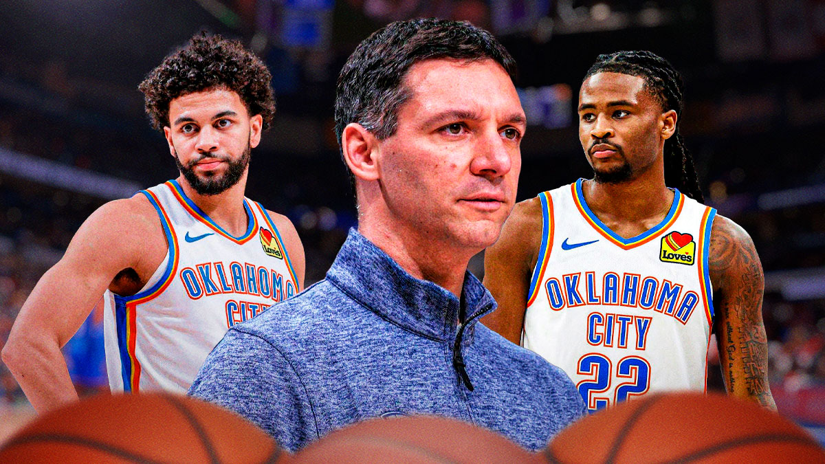 Thunder head coach Mark Daigneault next to Thunder guard Cason Wallace & Thunder guard Ajay Mitchell with the Thunder logo in the background