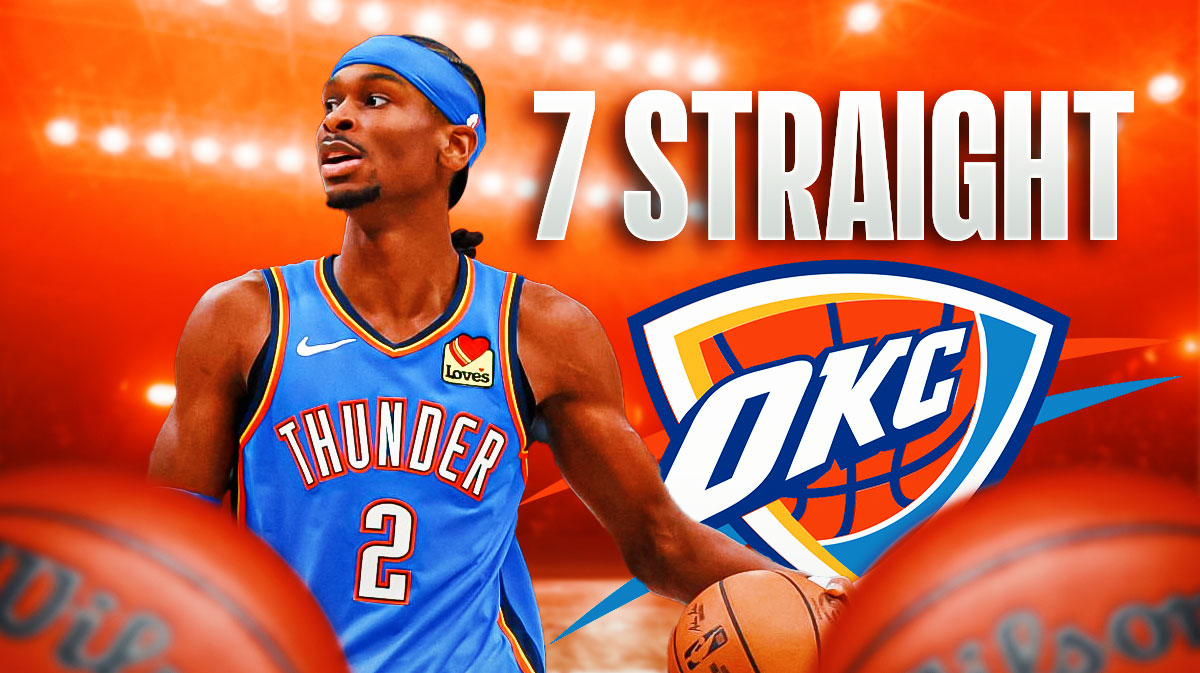 Thunder All-Star Shai Gilgeous-Alexander next to the Thunder logo with "7 Straight" in the background