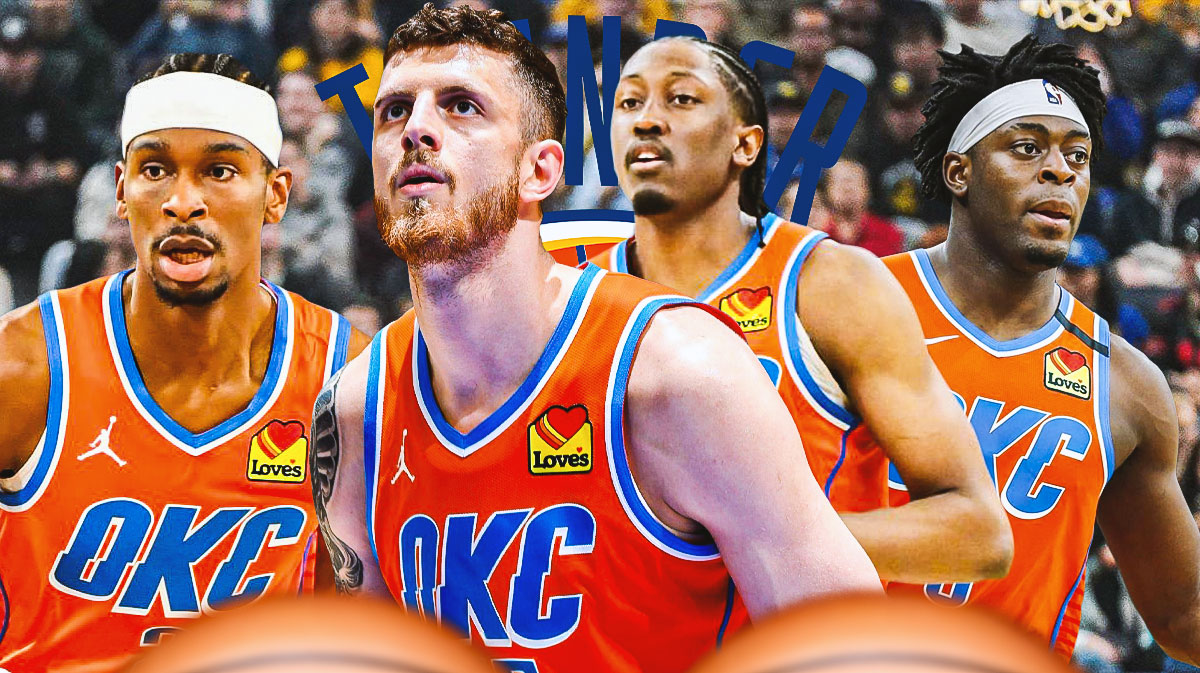 Thunder guard Shai Gilgeous-Alexander next to Thunder center Isaiah Hartenstein, Thunder forward Jalen Williams and Thunder guard Lu Dort with the Thunder logo in the background