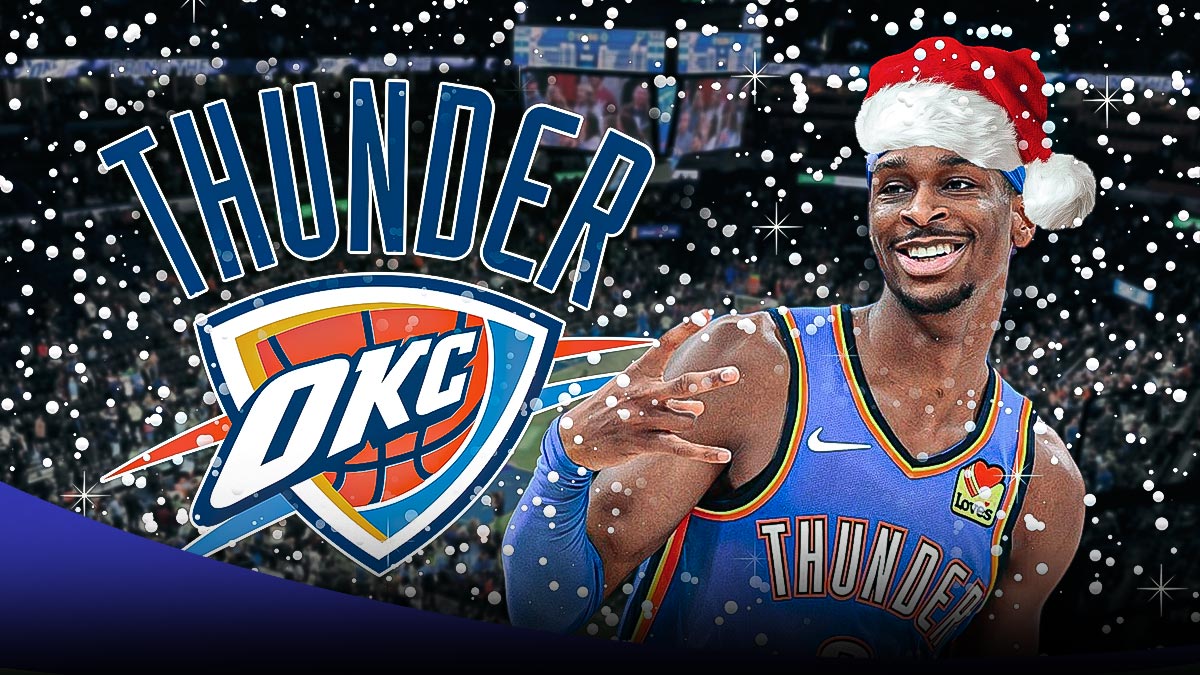 Thunder All-Star Shai Gilgeous-Alexander wearing a Santa hat with the Thunder logo next to him and snow falling from the sky with the Paycom Center in the background