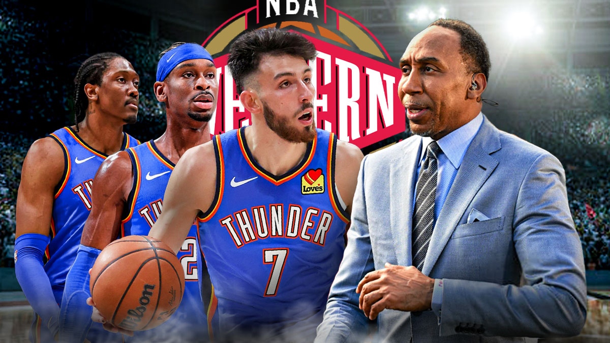 Stephen A. Smith facing Chet Holmgren, Shai-Gilgeous Alexander and Jalen Williams with Western Conference logo in the middle.