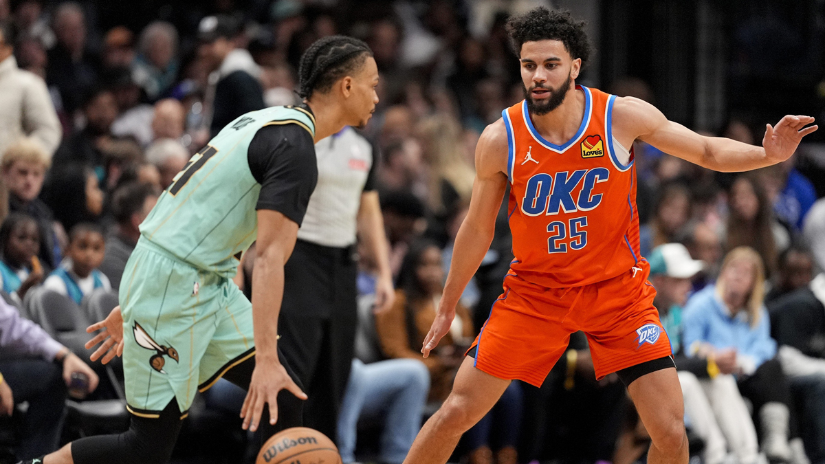 Thunder guard Ajay Mitchell (25) on defense against Charlotte Hornets guard Isaiah Wong (21) during the second half at Spectrum Center