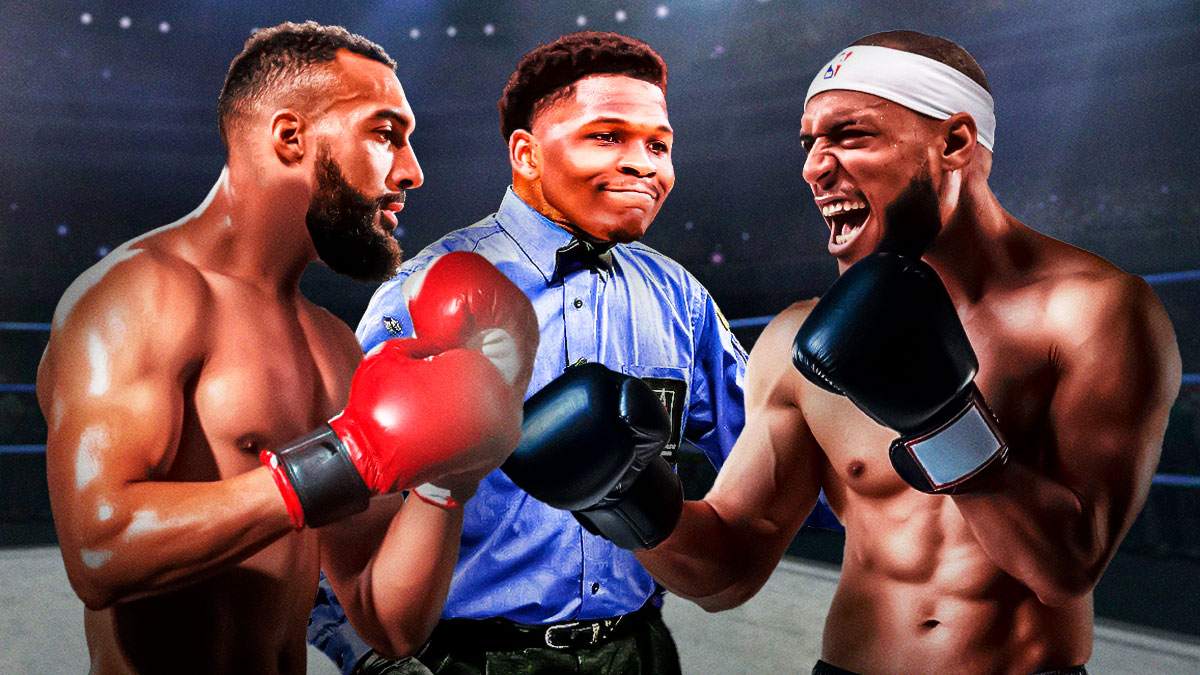 Timberwolves' Anthony Edwards as a boxing referee, with Rudy Gobert and Mavericks' Daniel Gafford fighting each other