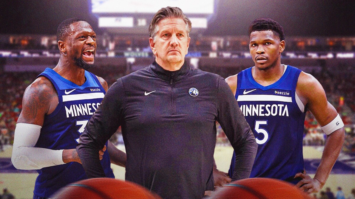 Chris Finch in between Julius Randle and Anthony Edwards. Timberwolves logo in the background.