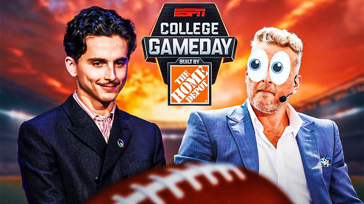 Timothée Chalamet, Pat McAfee with eyes bugging out, College GameDay