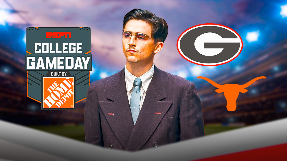 Timothee Chalamet with College Game Day logo in the background. Also put Texas football and Georgia football logos.