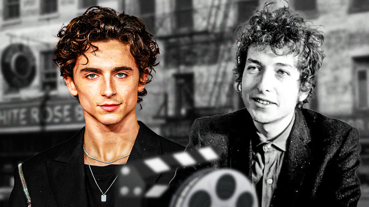 Star of the biopic A Complete Unknown Timothée Chalamet with Bob Dylan next to him and New York City background.