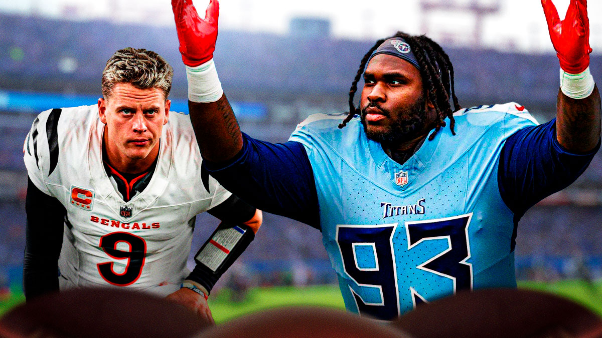 Titans T'Vondre Sweat running with Bengals Joe Burrow looking upset behind him