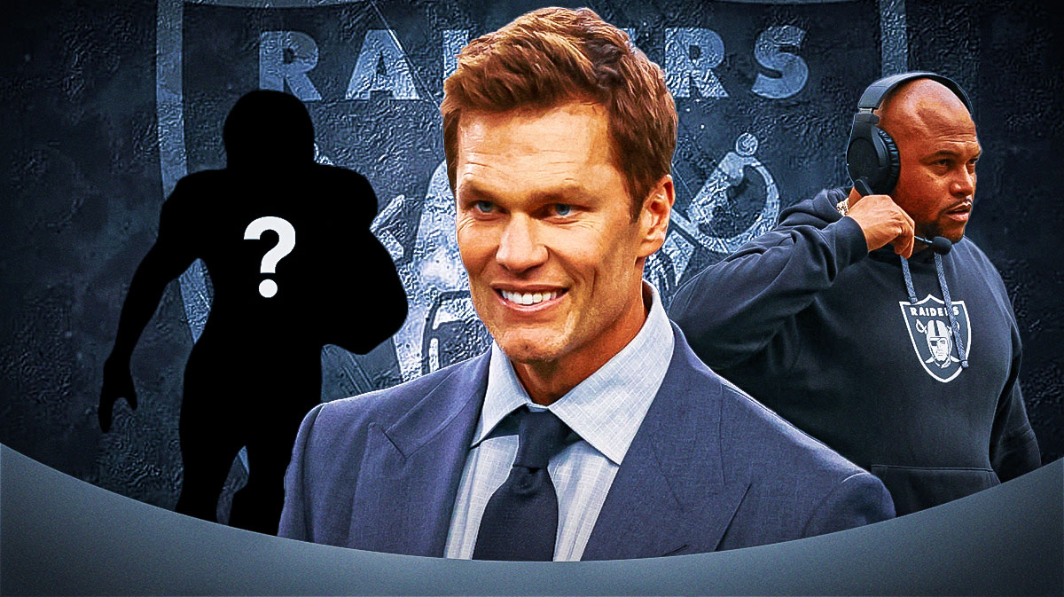 Former NFL QB Tom Brady next to Las Vegas Raiders head coach Antonio Pierce and a silhouette of an American football player with a big question mark emoji inside. There is also a logo for the Las Vegas Raiders.