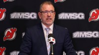 New Jersey Devils executive vice president/general managerTom Fitzgerald, addresses the media about the contract extension of New Jersey Devils center Jack Hughes (86) before the start of the game against the San Jose Sharks at Prudential Center.
