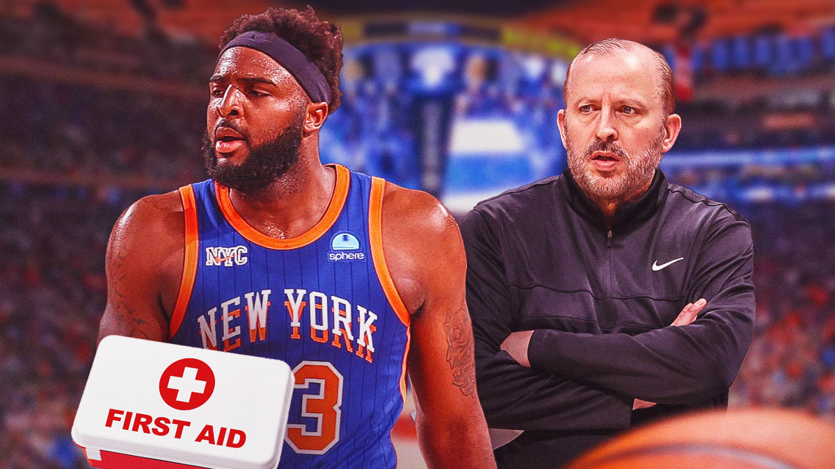 Image of Knicks coach Tom Thibodeau next to image of center Mitchell Robinson with medical cross emoji next to him
