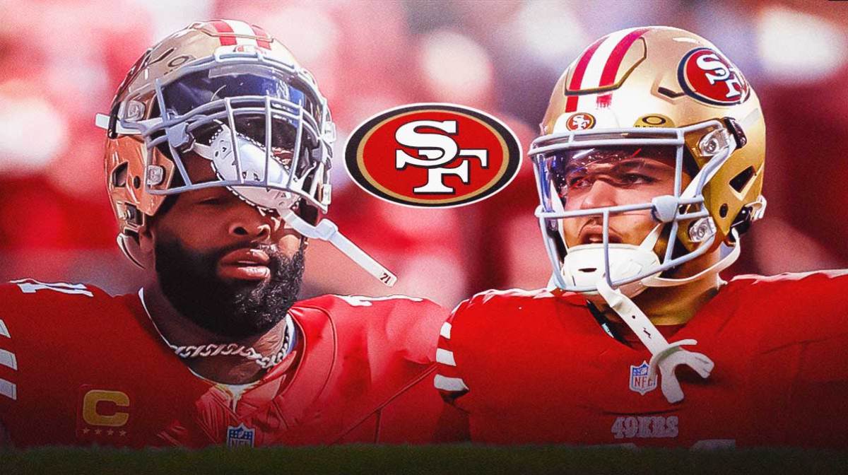 Trent Williams and Isaac Guerendo looking upset next to a 49ers logo