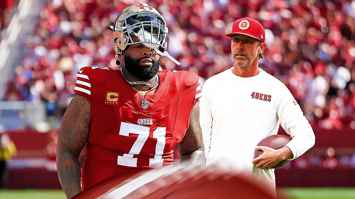 San Francisco 49ers star Trent Williams with head coach Kyle Shanahan. Levi Stadium as the background image.