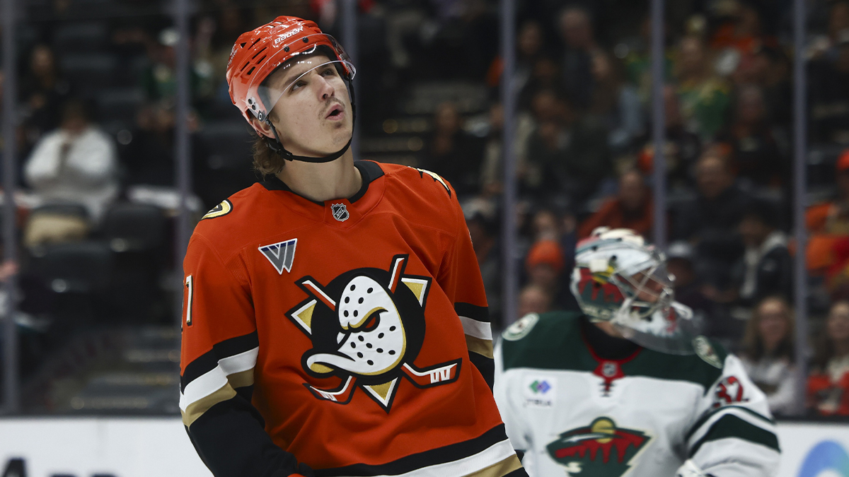 Anaheim Ducks center Trevor Zegras (11) reacts after a shot attempt during the second period of a hockey game against the Minnesota Wild at Honda Center.