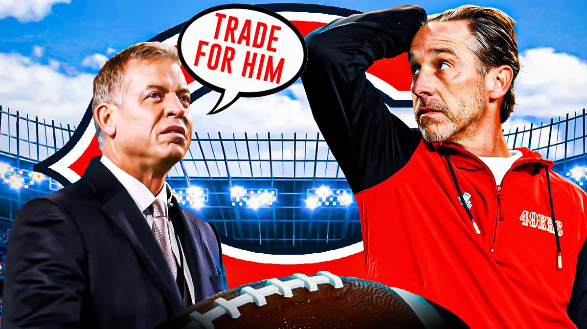 Monday Night Football analyst Troy Aikman with a thought bubble that says “Trade for Him.” Next to Aikman, is a photo of 49ers head coach Kyle Shanahan, and the Bears logo is in the background.