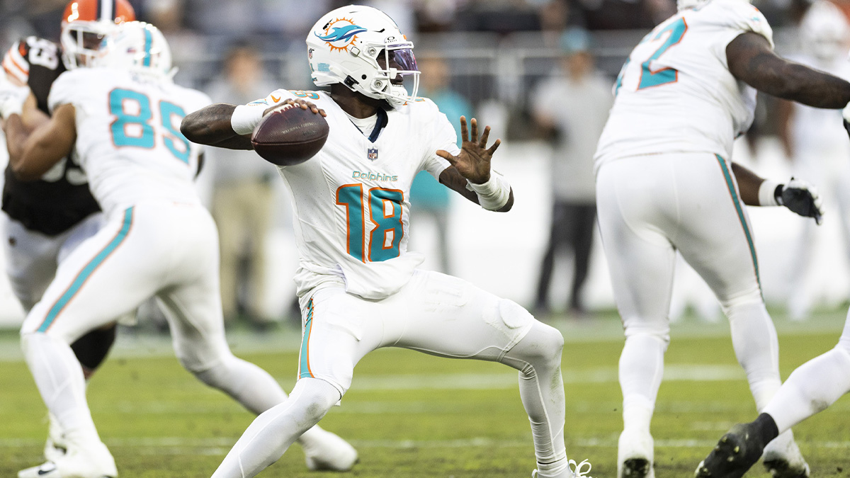 Miami Dolphins quarterback Tyler Huntley (18) throws the ball against the Cleveland Browns during the second quarter at Huntington Bank Field. 