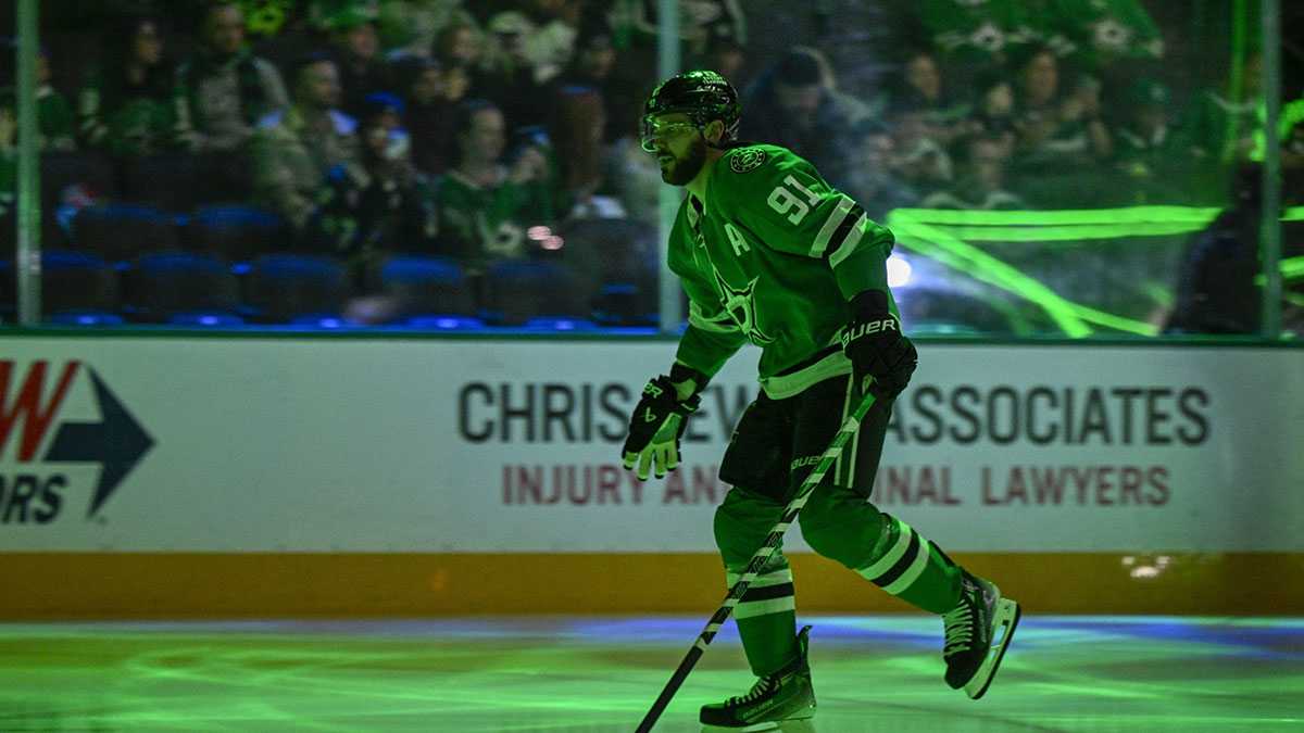 Dallas Stars center Tyler Seguin (91) before the game between the Dallas Stars and the Winnipeg Jets at American Airlines Center.