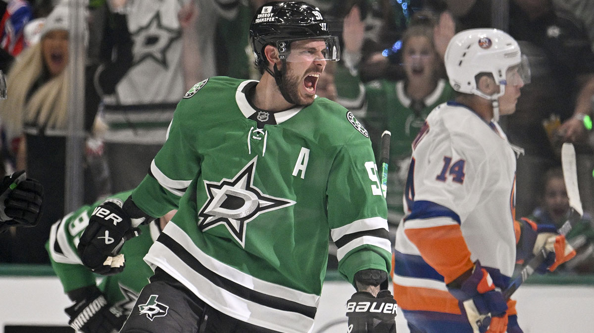 Dallas Stars center Tyler Seguin (91) celebrates after he scores a goal during the game between the Dallas Stars and the New York Islanders at the American Airlines Center.